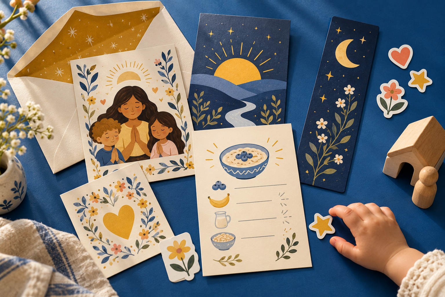 An open envelope with colorful family faith cards, stickers, and a bedtime bookmark on a blue table